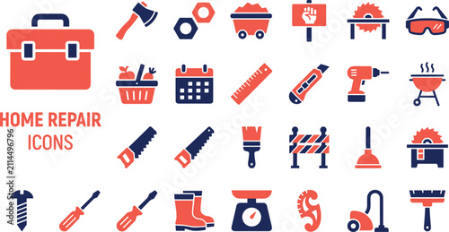 Home repair icons set featuring toolbox carpentry construction DIY equipment renovation maintenance building elements collection vector illustration