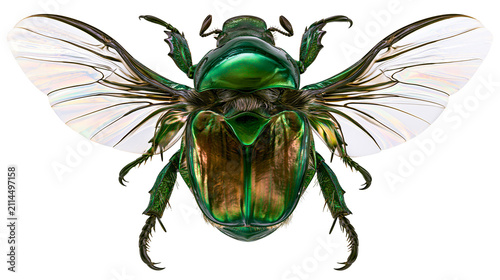 Metallic green scarab beetle with iridescent wings spread