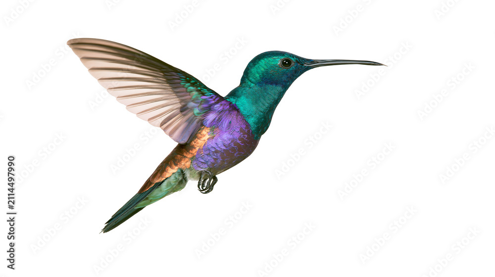 Fototapeta premium Hummingbird with iridescent green purple, and orange feathers in flight