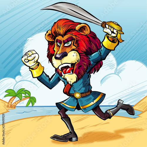 Lion Pirate With Sword Charging on Tropical Beach - Cartoon Character Illustration