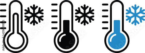 Freezing temperature thermometer and snowflake icon set