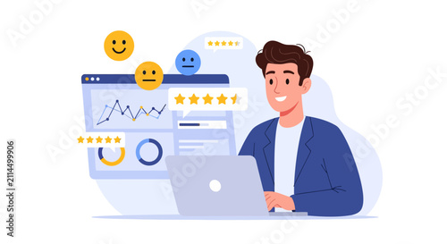 Man analyzing customer feedback and user experience data on a laptop with a dashboard showing ratings and emojis.