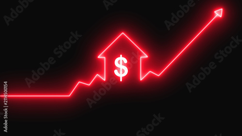 Glowing red neon line graph representing rising real estate market prices with a house icon and dollar sign symbol on a dark background showing property value growth and investment success concept