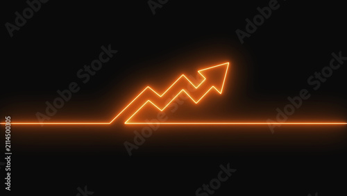 Glowing orange neon arrow line rising upwards on a dark black background representing financial growth and success in business and digital marketing concepts