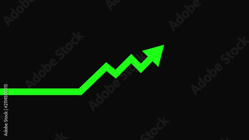 Bright green neon arrow line going up on a dark black background representing growth success and positive financial market trends in a simple modern graphic design style for business presentations