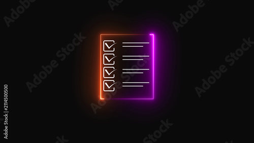 Glowing neon checklist icon with check marks on a dark background representing tasks and to do list concept for digital business management and productivity planning applications and web design