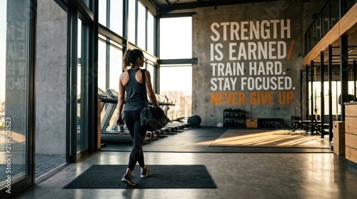 Woman entering a modern gym with motivational quote on wall.