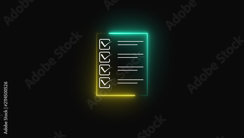 Glowing neon article icon with text lines and paper document shape in vibrant cyan and yellow colors on a dark background for digital content and web design elements