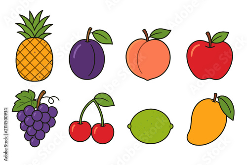 Colorful hand drawn fruit collection with eight simple icons