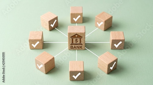 A center wooden block displaying a bank icon connected by white lines to eight surrounding wooden blocks featuring check mark symbols, arranged in a circular network pattern on a light green backgroun