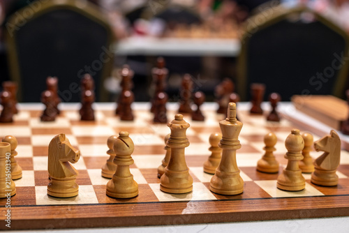 Canvas Print Wooden chessboard with pieces ready for play