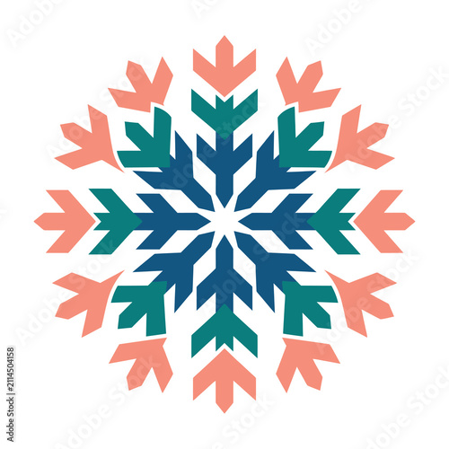 Vibrant Snowflake Design with Blue Green and Pink Leaves on White Background