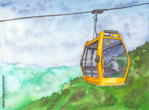 Watercolor painting of a modern cable car gliding above lush green hills. Scenic mountain landscape with an aerial gondola, capturing the peaceful atmosphere of outdoor travel and nature.