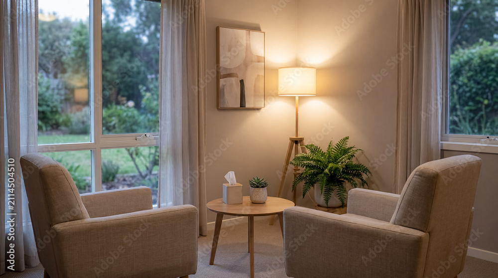 Fototapeta premium therapy room counseling chairs mental health support calm safe space presented with warm clarity with environmental empty therapy room two comfortable detail shows an empty therapy room with two for