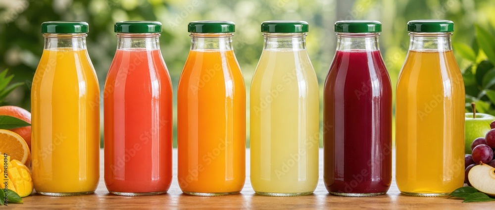 Naklejka premium Six glass bottles of various colorful fruit juices arranged in a row on a wooden surface with fresh fruits in the background.