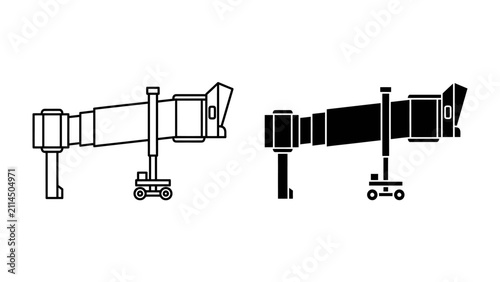Konstfotografi Jet Bridge Icon: A minimalist graphic representation of an airport jet bridge, shown in both outline and solid black, ready for boarding and disembarking passengers
