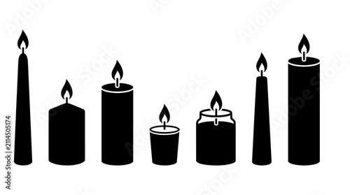 Candle icons set, flat black vector silhouette illustrations
