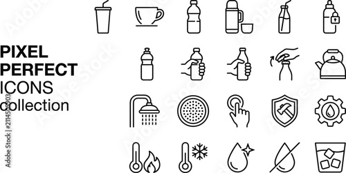 Water and beverage pixel perfect line icons set featuring drinking bottles temperature control plumbing utility symbols collection vector