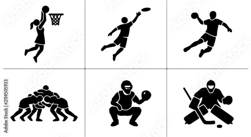 Foto Diverse Sports Icons Set: Basketball, Ultimate Frisbee, Handball, Rugby, Basebal