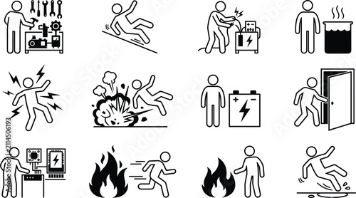 Bild auf Leinwand Workplace safety hazard icons set featuring electrical shock explosion fire slip