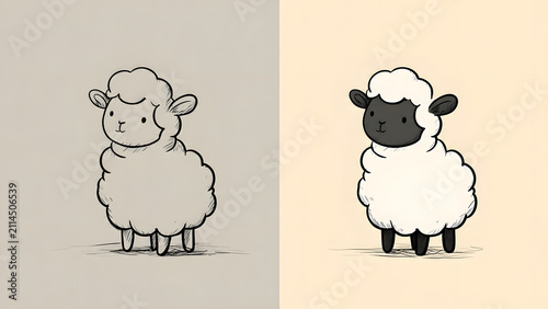 Adorable Cartoon Sheep Character Designs Featuring A Hand Drawn Line Art Sketch And A Finished Colored Vector Style Illustration