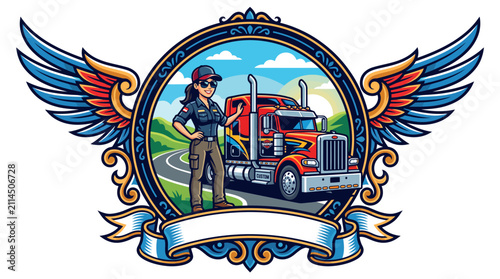 Female truck driver posing with semi truck inside winged emblem