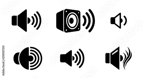 Фотография Set of six black speaker and sound icons, representing audio volume and broadcas