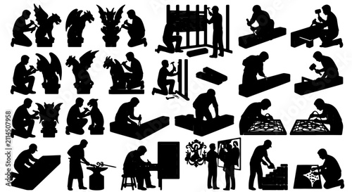 Fotografie Sculptor Silhouettes, Stone Carving Craftsmanship, Artisan Working with Tools, C