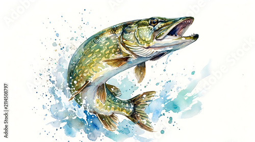 Northern pike fish jumping out of water watercolor art illustration