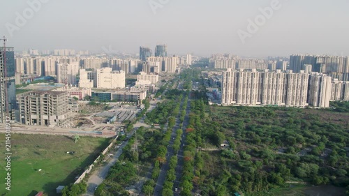 Aerial view of Delhi NCR cityscape. Modern residential buildings in Noida and Ghaziabad area.