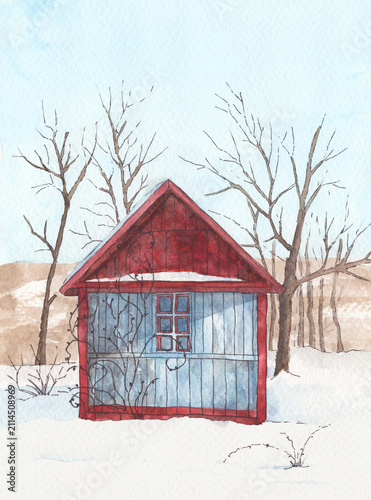 Watercolor painting of a charming blue wooden cabin with a red roof in a snowy countryside. Peaceful winter rural landscape with bare trees, rustic architecture and a quiet northern atmosphere.