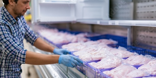 Man handling packaged meat in cold storage