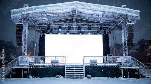 Outdoor concert stage set up in winter snow with lighting and screen.