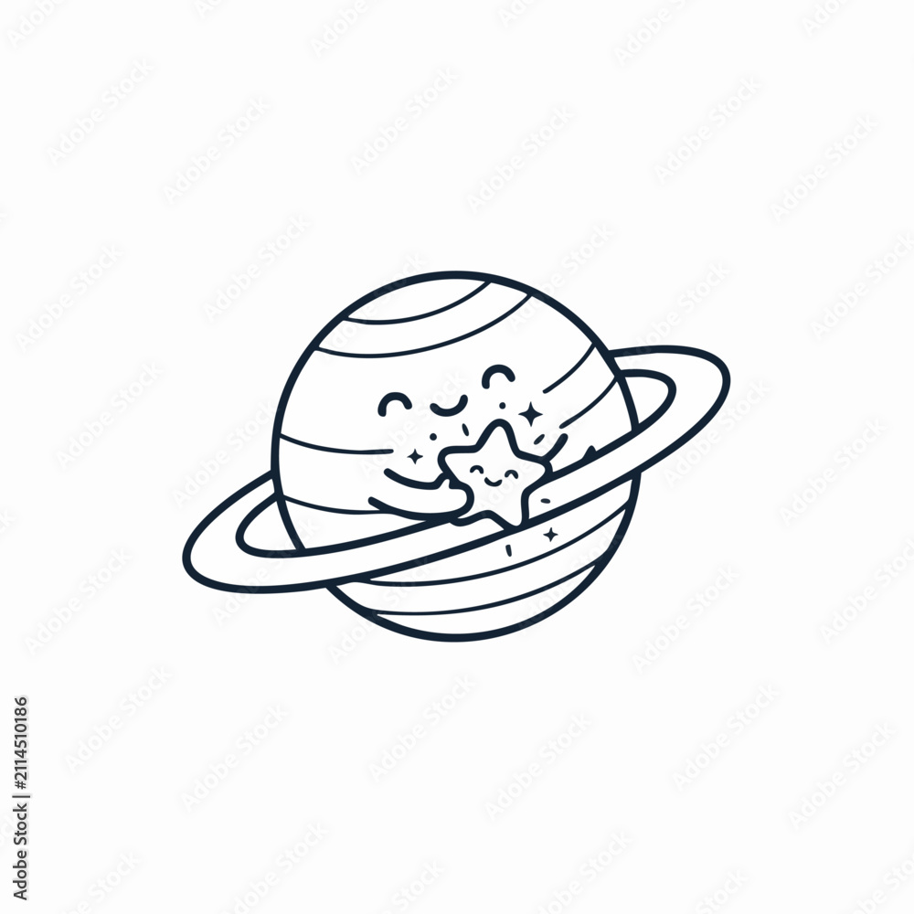 Fototapeta premium Cute vector illustration of a cartoon Saturn planet embracing a tiny smiling star in space