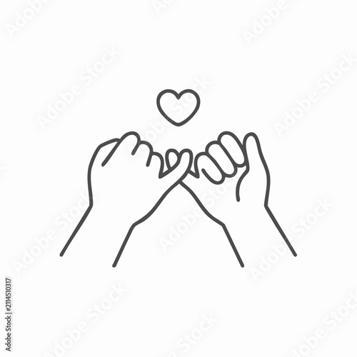 Vector graphic: two hands making a pinky promise, heart above, symbolizing love and trust.