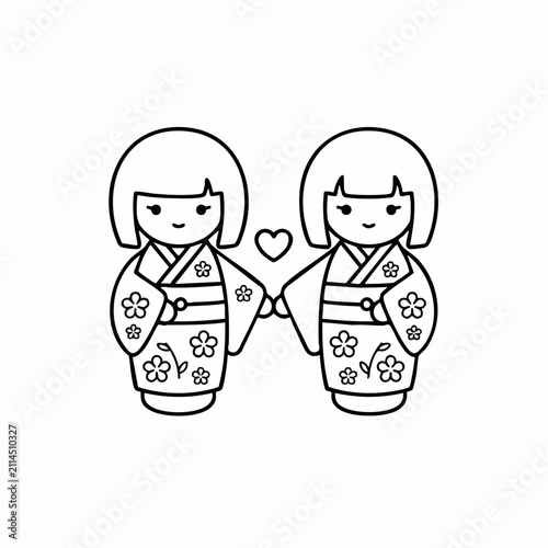 Affectionate Kokeshi dolls holding hands, a charming Japanese vector illustration with a heart symbol, conveying love and friendship.