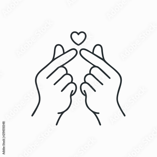 Stylized vector illustration of two hands forming a trending finger heart gesture, conveying affection.