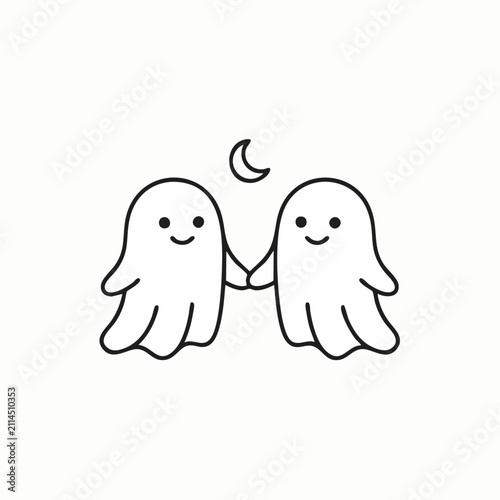 Charming vector illustration of two cute ghosts holding hands under a crescent moon.