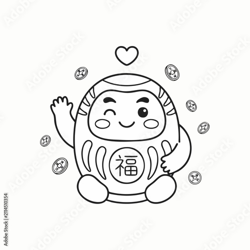 Cute Waving Daruma Doll with Fortune Coins Vector Outline Illustration, featuring '福' symbol