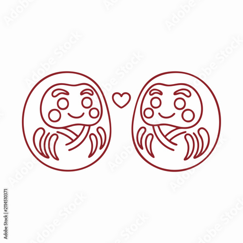 Vector illustration: two charming Japanese Daruma dolls facing each other with heart, symbolizing love