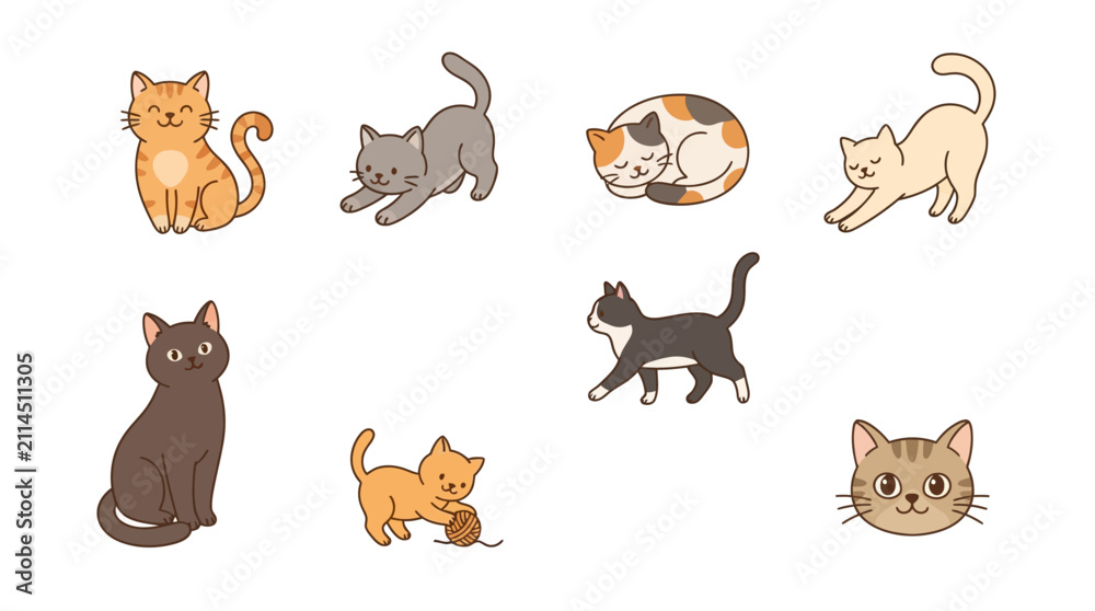 Fototapeta premium A delightful collection of cute cartoon cats and kittens in various poses and colors, perfect for pet-themed designs, children's illustrations, and playful graphic content