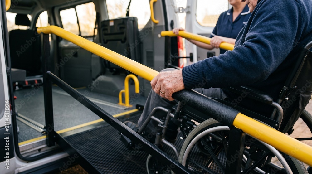 Fototapeta premium Caregiver assisting senior man in wheelchair to board accessible van with ramp. Public transportation for disabled passenger. Social support and mobility service for elderly person.