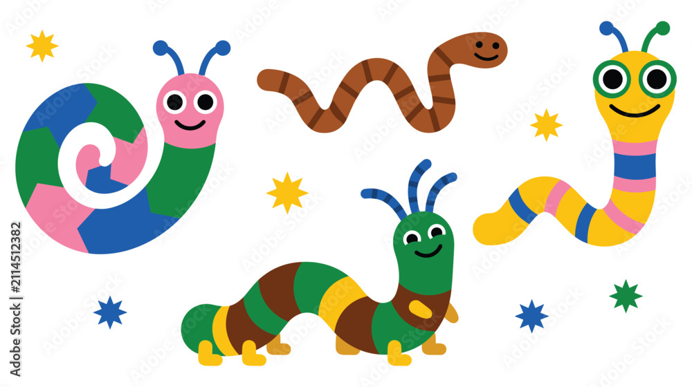 Naklejka premium Colorful cartoon caterpillars and stars on white background.