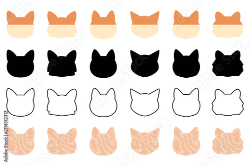 Set of minimalist animal character head designs featuring various stylized feline faces in diverse graphic styles and simple shapes.