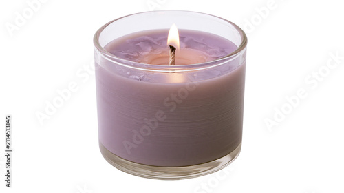 Glass jar candle with burning wick and lavender wax