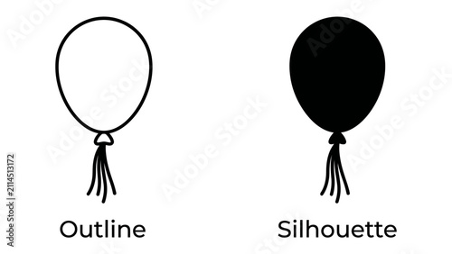 Konstfotografi Balloon Icon Set: A clear depiction of two balloons, one in outline and the other as a solid silhouette, both featuring a tassel, perfect for graphic design and celebration themes