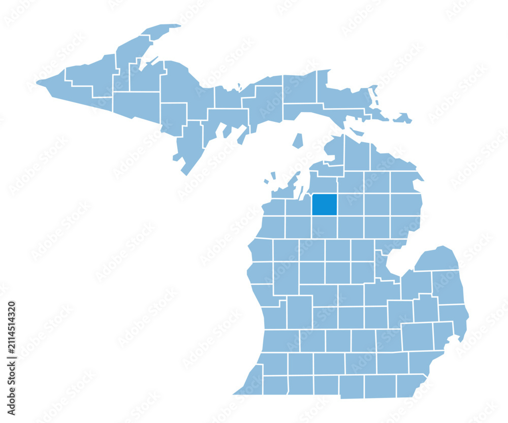 Fototapeta premium Michigan Map with Kalkaska County Highlighted in Green Color Vector Illustration