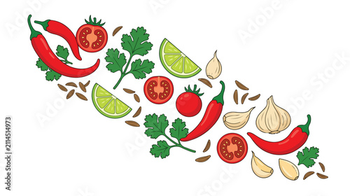 Obraz na plátně Fresh Mexican cuisine ingredients, vibrant red chili peppers, ripe tomatoes, zes