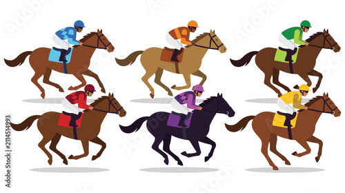 Flat design jockeys racing horses on white background for sports betting and derby concepts.