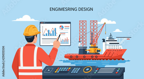 Marine Engineer Inspecting Offshore Equipment with Blueprints and Documentation